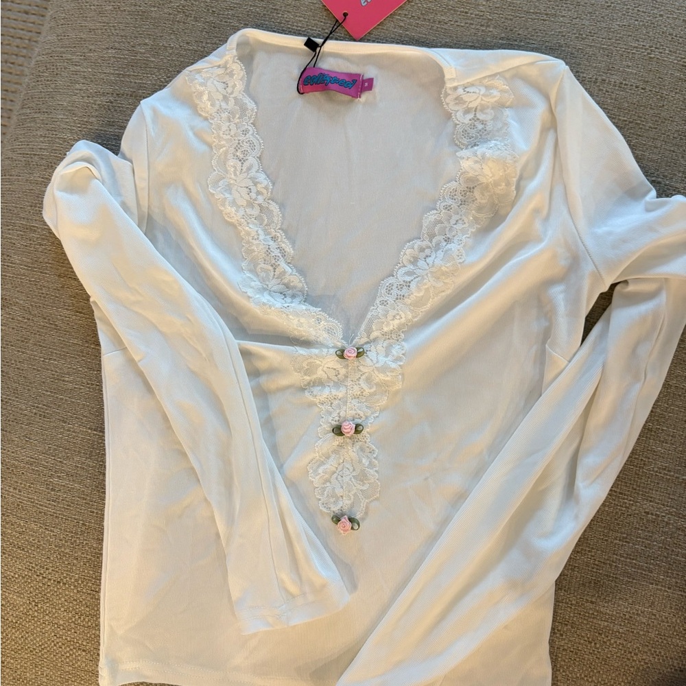 White Lace Trim Long Sleeve Top